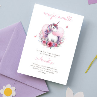 Magical Floral Unicorn Girlie Birthday Party Einladung
