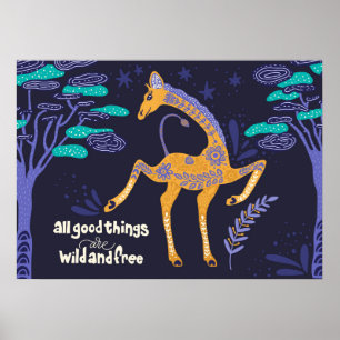 Magical Giraffe Folk Art Poster