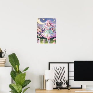 Magical Girl & Spirit Cat Poster - Kawaii Stardust