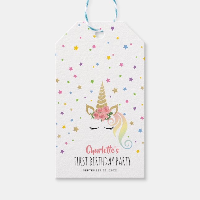 Magical Girly Unicorn & Stars Personalisiert Geschenkanhänger (Vorderseite)