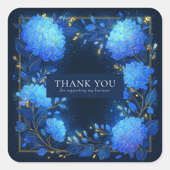 Magical Glowing Blue Hydrangea Gold Sparkle Floral Quadratischer Aufkleber (Vorderseite)