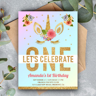Magical Gold Glitzer Unicorn 1. Geburtstag Party Einladungspostkarte