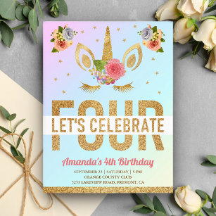 Magical Gold Glitzer Unicorn 4. Geburtstag Party Einladungspostkarte