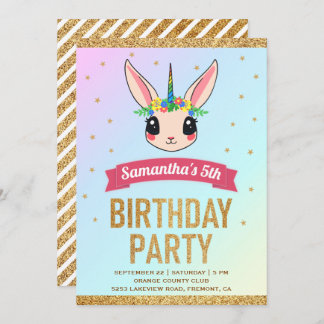 Magical Gold Glitzer Unicorn Bunny Birthday Einladung
