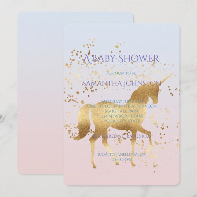 Magical Gold Unicorn Baby Dusche Einladung (Vorne/Hinten)