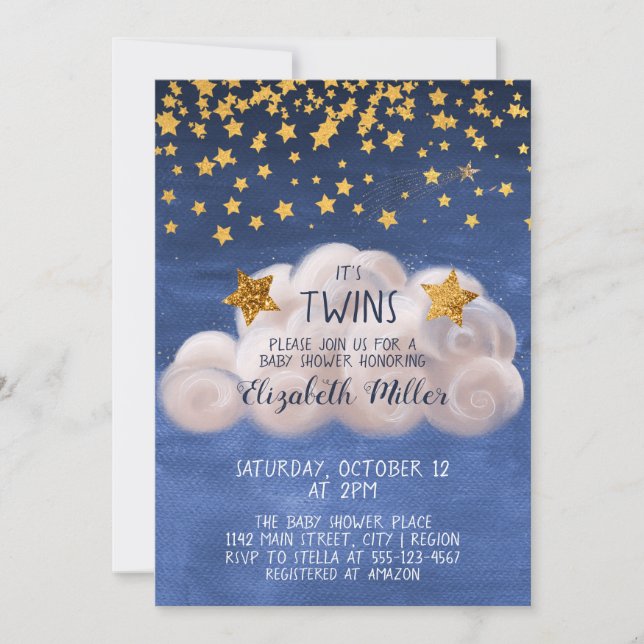 Magical Golden Stars Navy Blue Twins Baby Dusche Einladung (Vorderseite)
