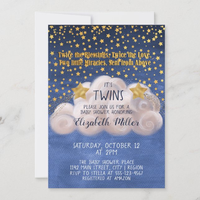 Magical Golden Stars Navy Blue Twins Baby Dusche Einladung (Vorderseite)
