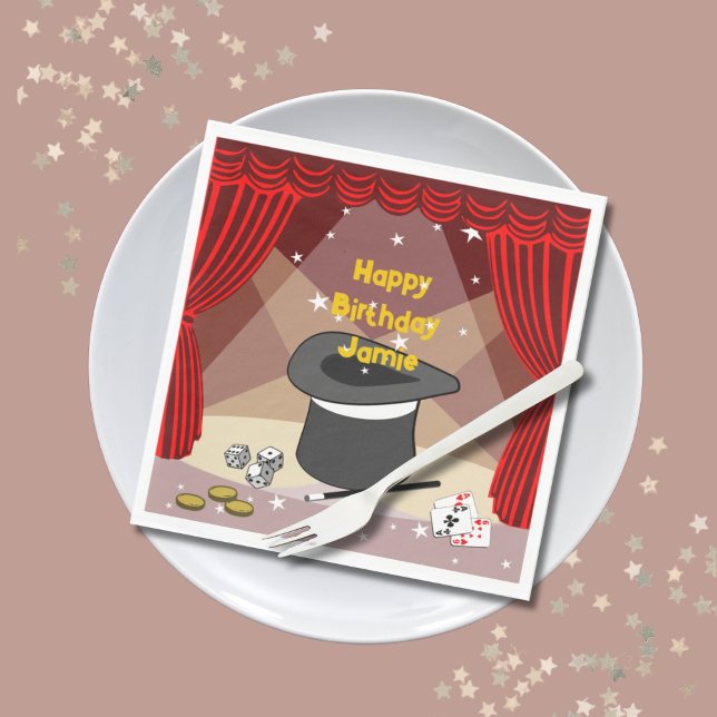 Magical Happy Birthday Name Red Serviette (Magical Happy Birthday Name Red Napkins, Customize Text, Color)