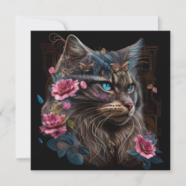 Magical Maine Coon cat and rosa Blume Kunst (Vorderseite)
