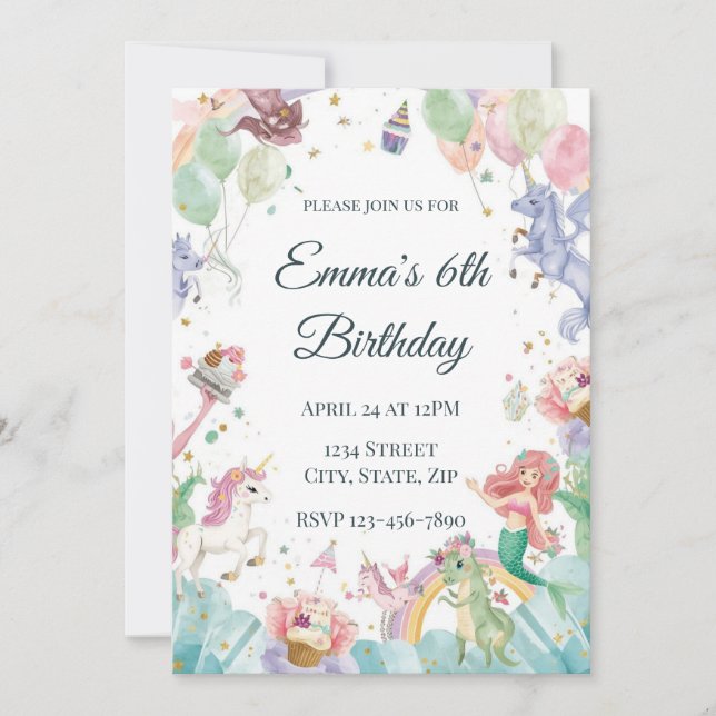 Magical Mermaids Unicorns Rainbows Kids Birthday Einladung (Vorderseite)