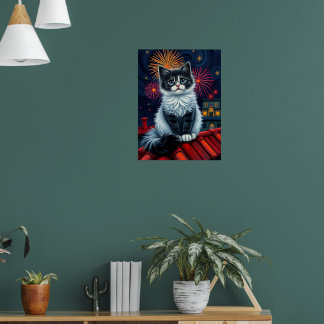 Magical Midnight Kitten Poster - Fluffy Cat Art