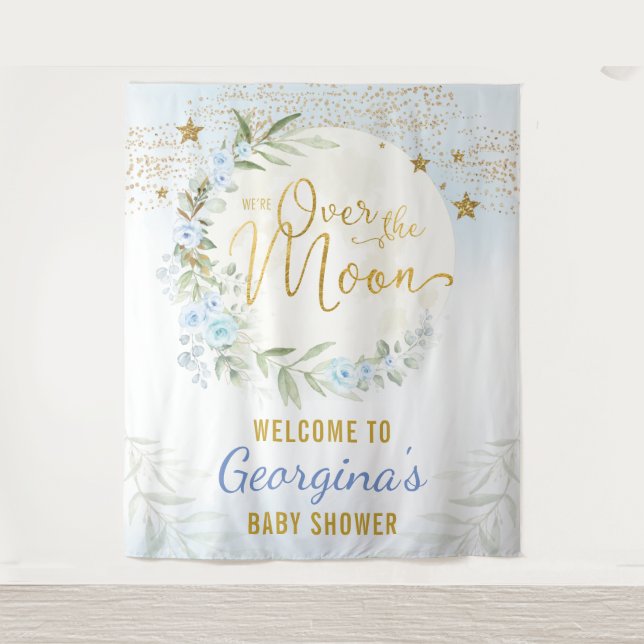 Magical Moon Stars Blue Gold Baby Boy Willkommen Wandteppich (Vorderseite)