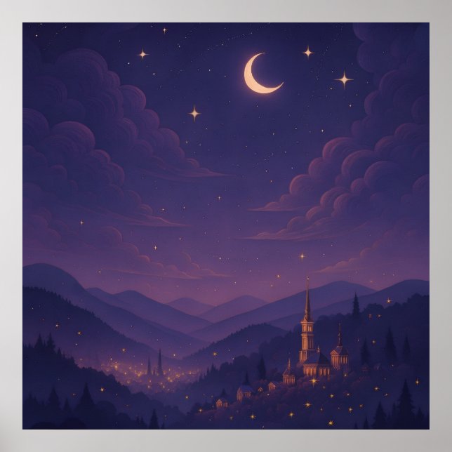 Magical Moonlit Village Nightscape Poster (Vorne)