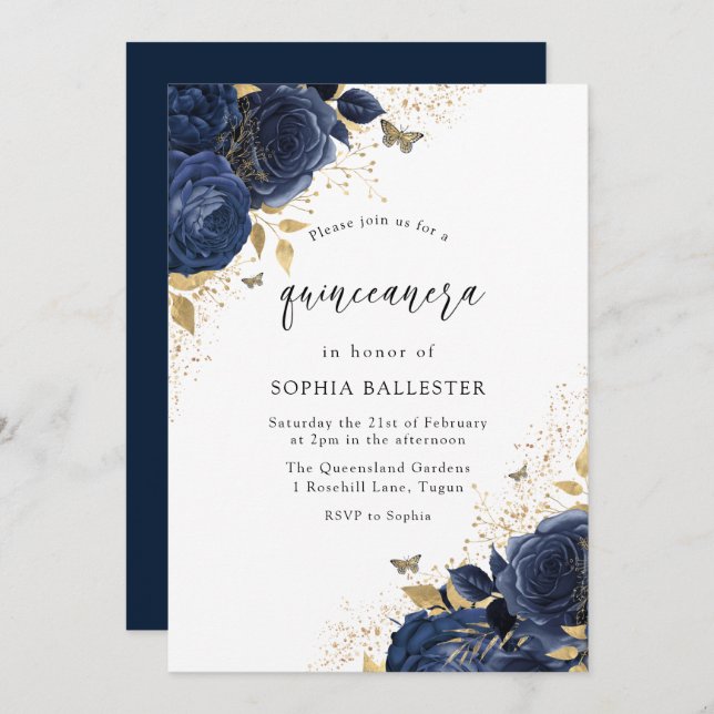 Magical Navy Indigo Blue Rose & Gold Quinceanera Einladung (Vorne/Hinten)