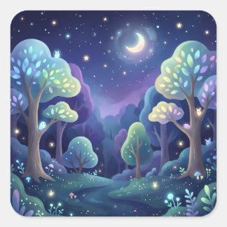 Magical Night Forest and Glowing Pastel Trees Quadratischer Aufkleber