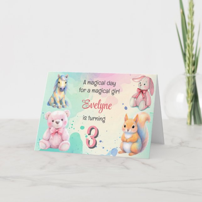 Magical Pastel Birthday Girls Unicorn Bunny Bear Einladung (Vorderseite)