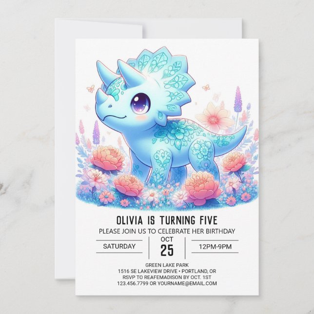 Magical Pastel Dinosaur Digital Geburtstag Einladung (Vorderseite)