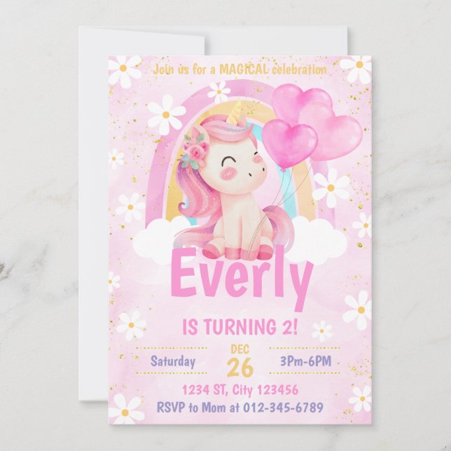 Magical Pastel Unicorn Rainbow Birthday Einladung (Vorderseite)