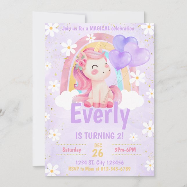 Magical Pastel Unicorn Rainbow Birthday Einladung (Vorderseite)