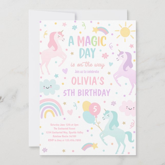 Magical Pastel Unicorn Rainbow Birthday Party Einladung (Vorderseite)