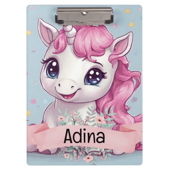 Magical Pink Baby Unicorn Stars Individuelle Name Klemmbrett (Vorderseite)