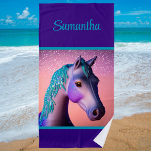 Magical Pony in Purple and Teal with Custom Name Strandtuch