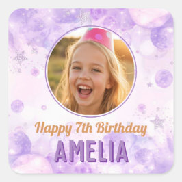 Magical Purple Photo Happy Birthday Party Quadratischer Aufkleber