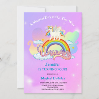 Magical Rainbow and Unicorn Birthday pink purple Einladung