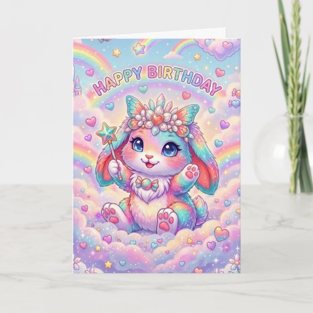 Magical Rainbow Bunny Birthday Whimsical Childrens Karte (Vorderseite)