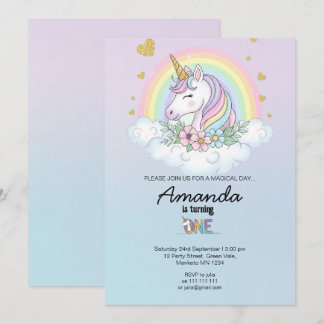 Magical Rainbow Unicorn 1st Birthday Invitation Einladung