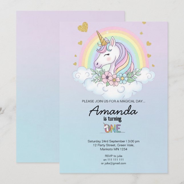Magical Rainbow Unicorn 1st Birthday Invitation Einladung (Vorne/Hinten)