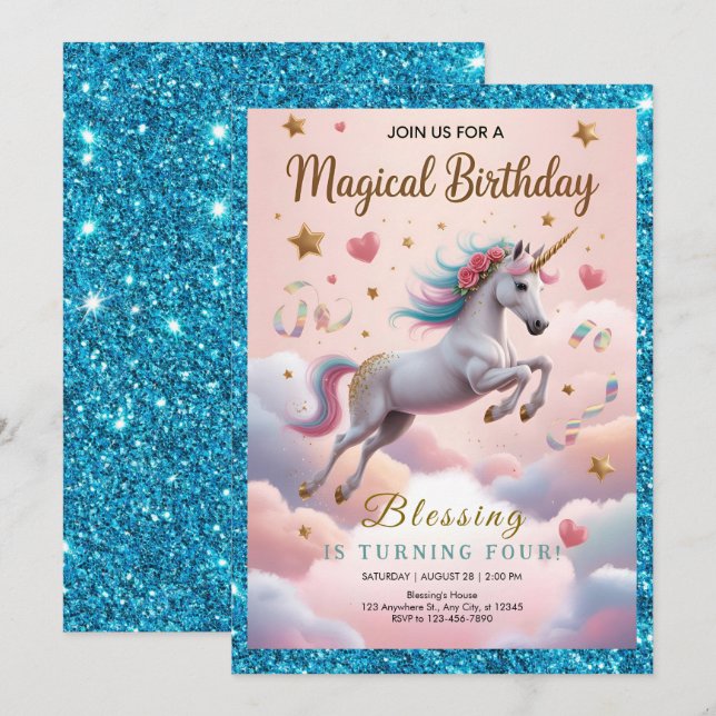 Magical Rainbow Unicorn 4th Birthday Einladung (Vorne/Hinten)