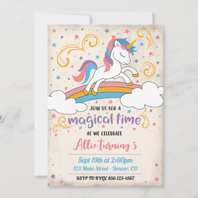 Magical Rainbow Unicorn Birthday Invitation Einladung (Vorderseite)