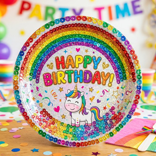 Magical Rainbow Unicorn Sequin Print Birthday Pappteller (Von Creator hochgeladen)