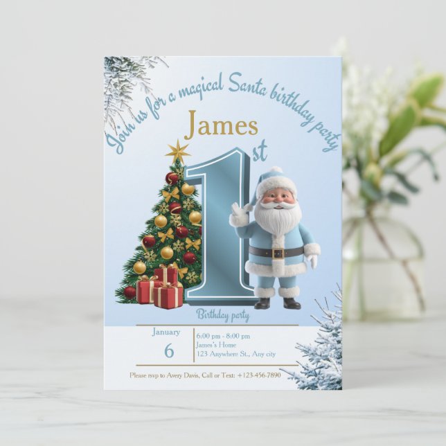 Magical Santa Birthday Invitation – 1st Birthday Dankeskarte (Stehend Vorderseite)