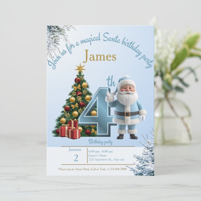 Magical Santa Birthday Invitation – 4th Birthday Dankeskarte (Stehend Vorderseite)