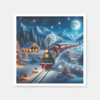 Magical Snowy Christmas Train Winter Scene Serviette