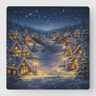 Magical Snowy Christmas village at night Quadratische Wanduhr