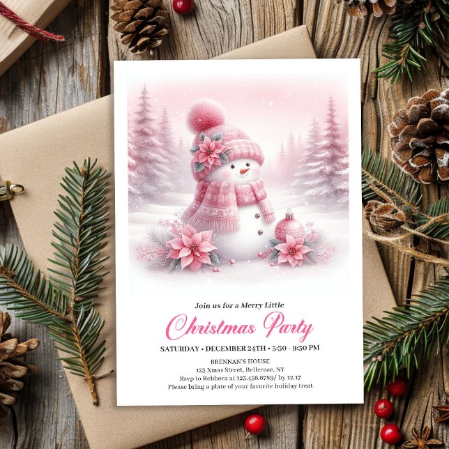 Magical Snowy Pink Coquette Snowman Editable Kids  Einladung (Magical Snowy Pink Coquette Snowman Editable Kids Invite)