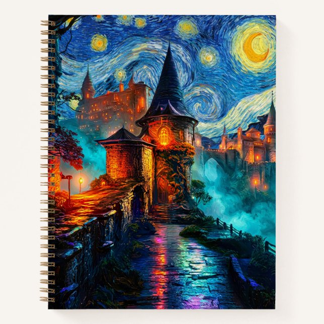 Magical Starry Night Castle Fantasy Writer Notizbuch (Vorderseite)