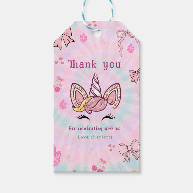 Magical Tie Dye Unicorn Coquette Bow Geschenkanhänger (Vorderseite)