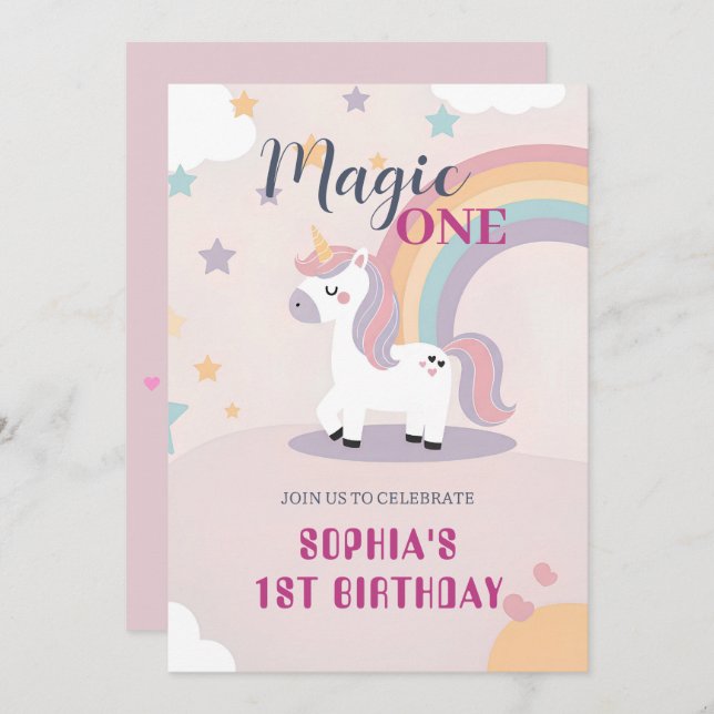 Magical Unicorn 1st Birthday Einladung (Vorne/Hinten)