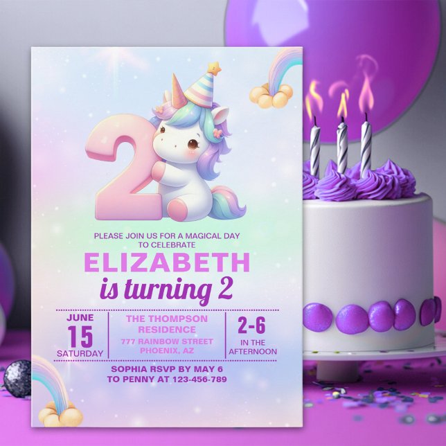 Magical Unicorn 2nd Birthday Invitation for Girls Einladung (Von Creator hochgeladen)