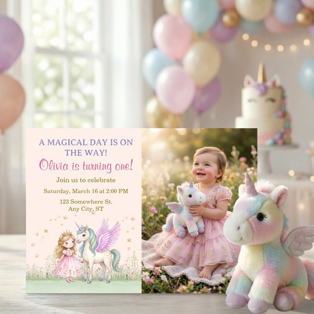Magical Unicorn and Princess Photo Birthday Einladung (Magical Unicorn and Princess Photo Birthday Invitation)