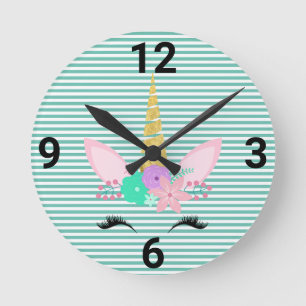 MAGICAL UNICORN AQUA GREEN STRIPE WALL CLOCK RUNDE WANDUHR
