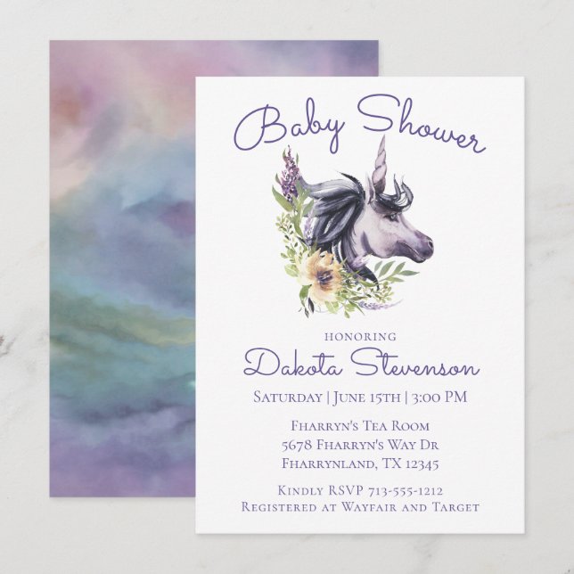 Magical Unicorn Baby Dusche | Moderne Wasserfarbe Einladung (Vorne/Hinten)