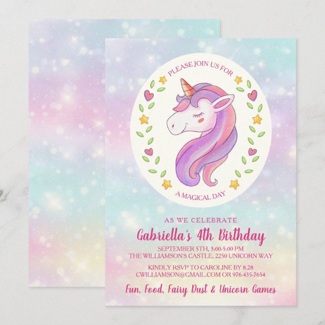 Magical Unicorn Birthday Girl Party Einladung (Vorne/Hinten)