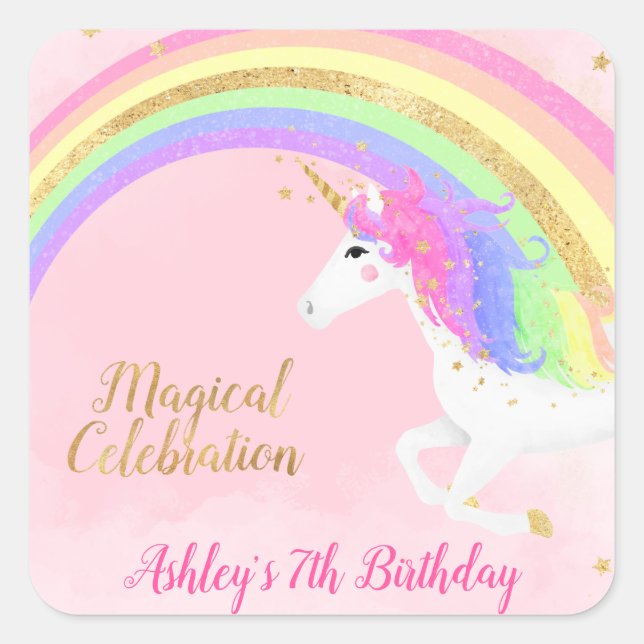 Magical Unicorn Birthday | Gold Rainbow Quadratischer Aufkleber (Vorderseite)