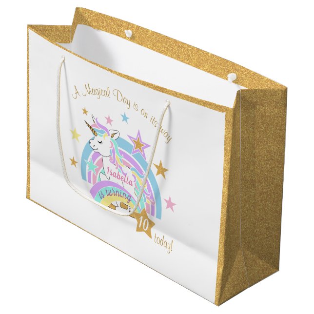 Magical Unicorn Birthday Große Geschenktüte (Vorderseite Schrägansicht)