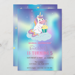 Magical Unicorn Blue Holographic Birthday Einladung